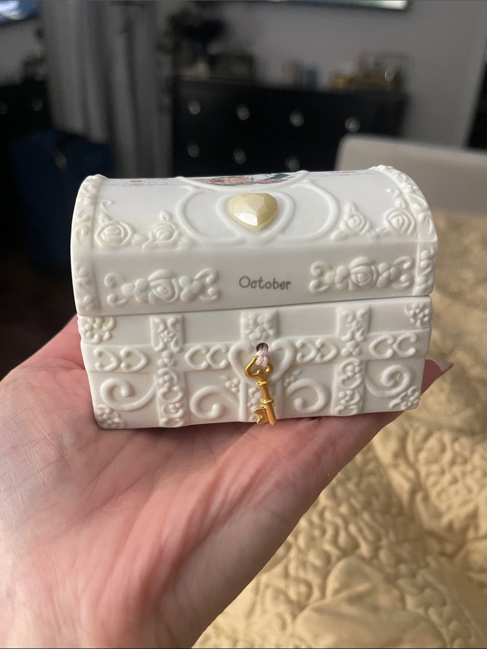 Precious Moments October White Jewelry Chest with Gold Key Accent